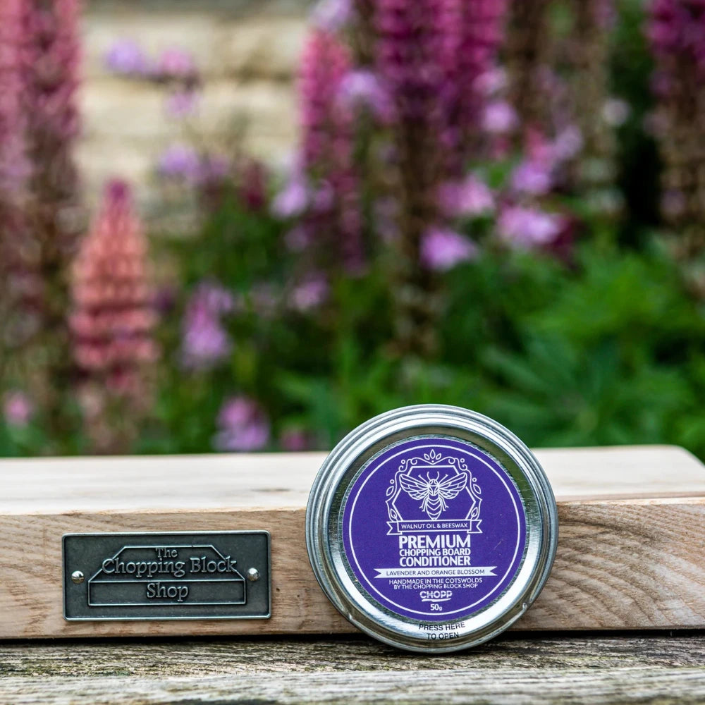 chopping board conditioner in a small tin