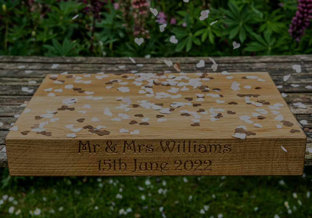 Engraved hardwood chopping board in celebration of a wedding
